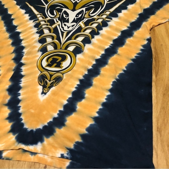 Vintage 90s Liquid Blue St Louis Rams Tie Dye Blue Gold V Stripes T-Shirt Large - Picture 2 of 8